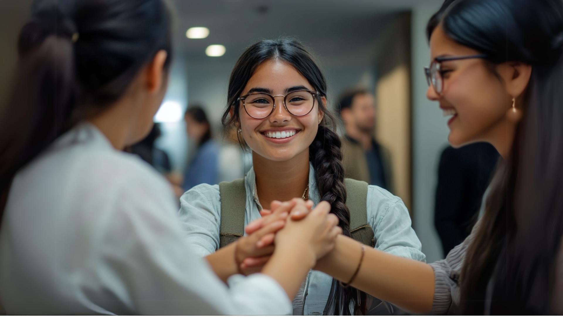 Estudantes conversando enquanto apertam as mãos