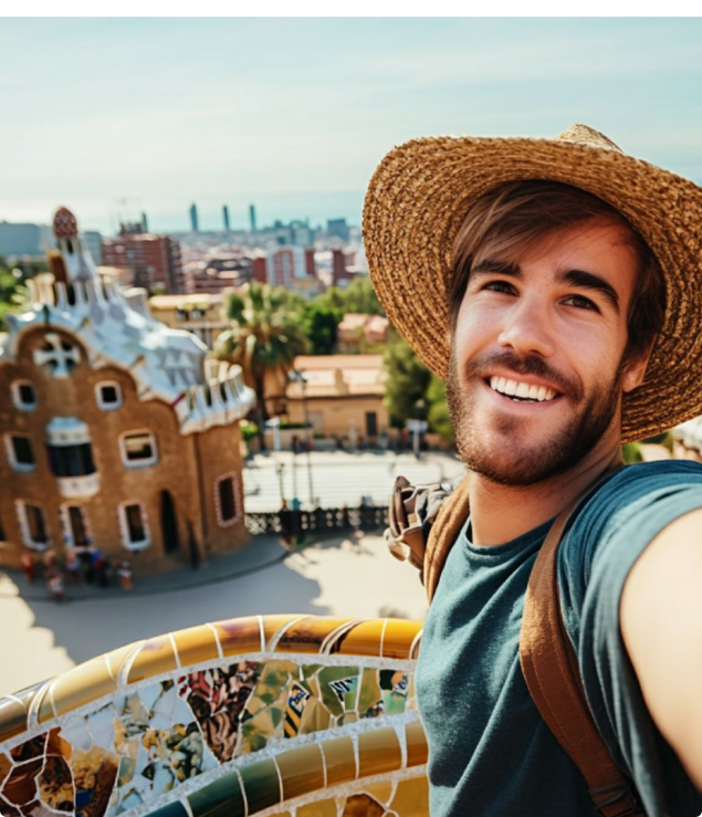 Estudante tirando uma selfie em uma nova cidade