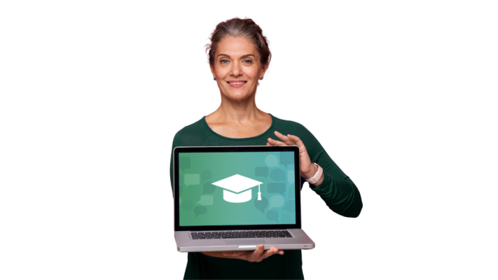 Professor olhando para a câmera segurando um laptop aberto na coLanguage