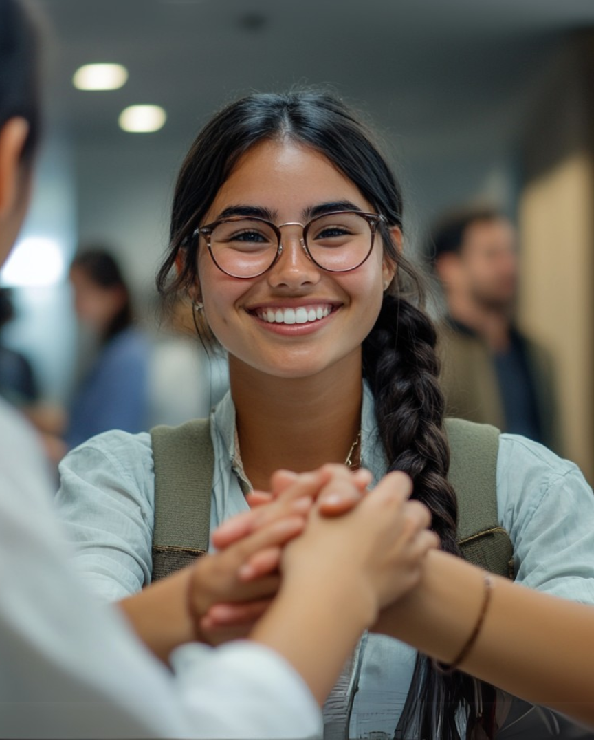 Estudante olhando para a câmera enquanto aperta as mãos com colegas de trabalho