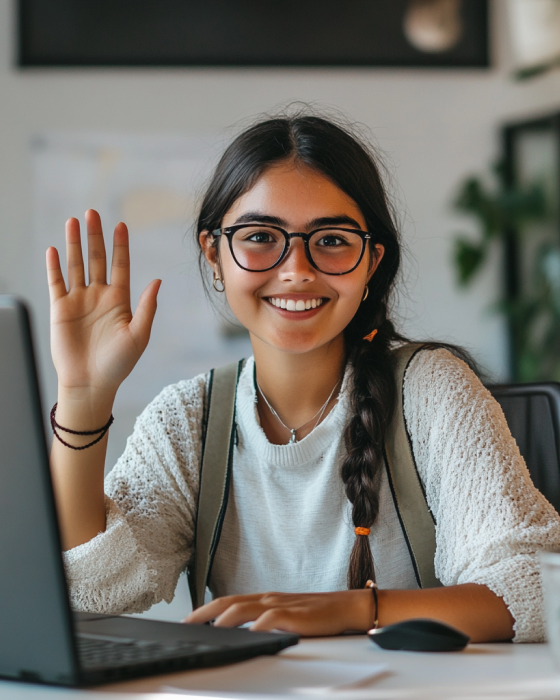 Estudante acenando para a câmera enquanto participa de aulas online com a coLanguage